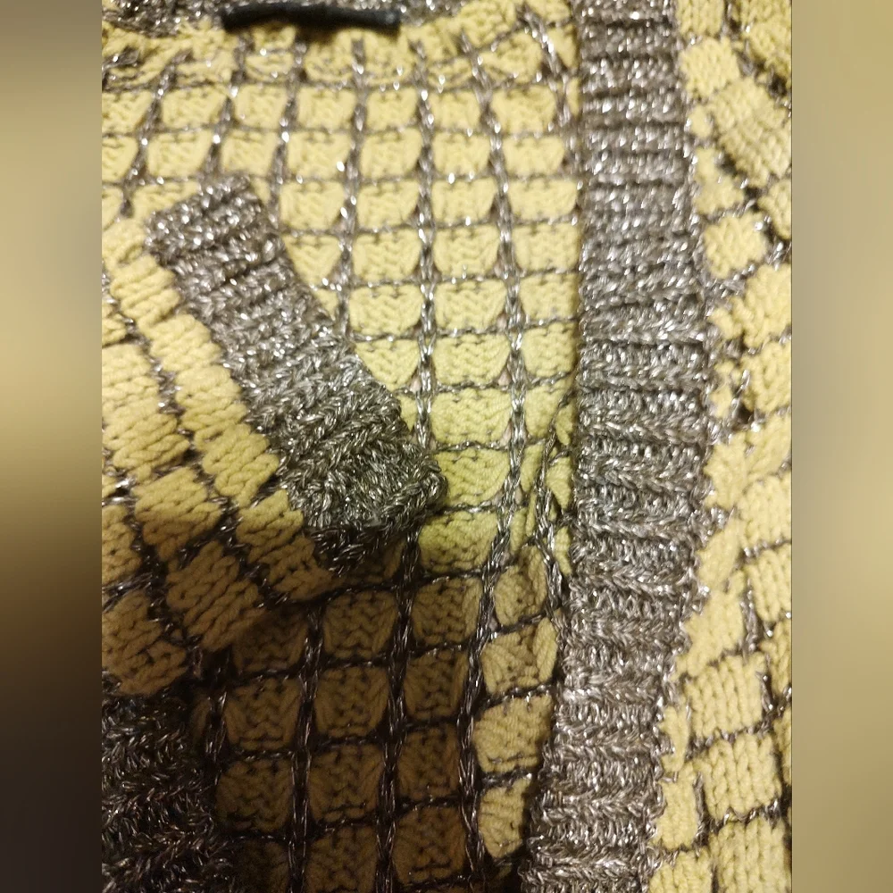 🌿🩶🌿 Gorgeous Chartreuse & Silver Metallic Open Weave Tie Cardigan - S - Picture 10 of 16